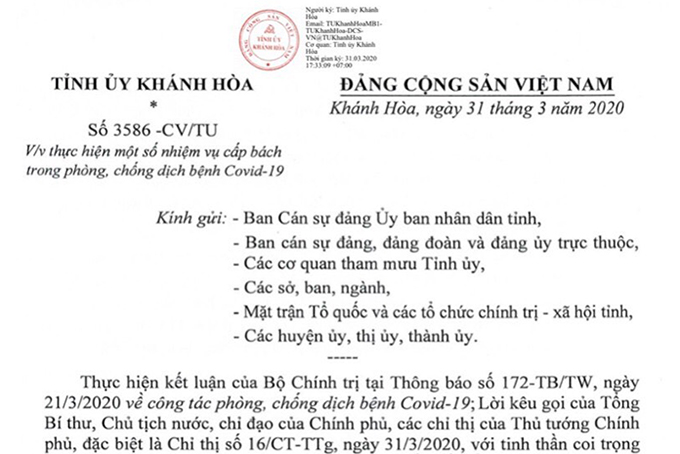 Tỉnh ủy Khánh Hòa yêu cầu thực hiện một số nhiệm vụ cấp bách trong phòng, chống dịch bệnh Covid-19