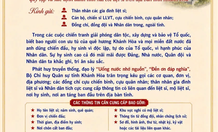 500 NGÀY ĐÊM - HÀNH TRÌNH ĐI TÌM ĐỒNG ĐỘI: THƯ NGỎ KÊU GỌI CUNG CẤP THÔNG TIN LIỆT SĨ