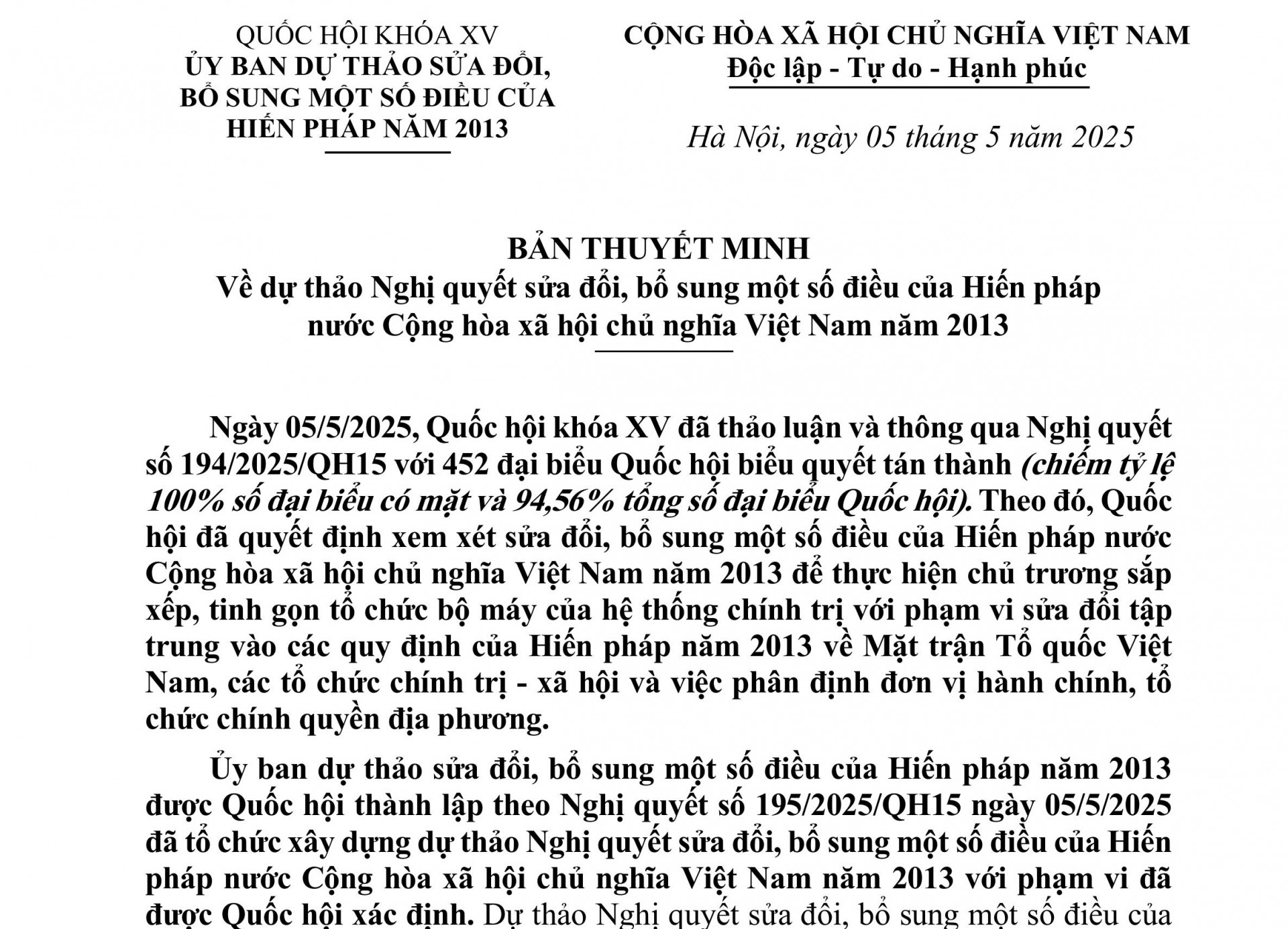 Thuyết minh về dự thảo Nghị quyết sửa đổi, bổ sung một số điều của Hiến pháp nước Cộng hòa xã hội chủ nghĩa Việt Nam năm 2013